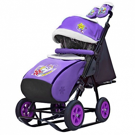 Санки-коляска Snow Galaxy City-2, дизайн - Серый Зайка на фиолетовом, на больших колёсах Ева, сумка и варежки 